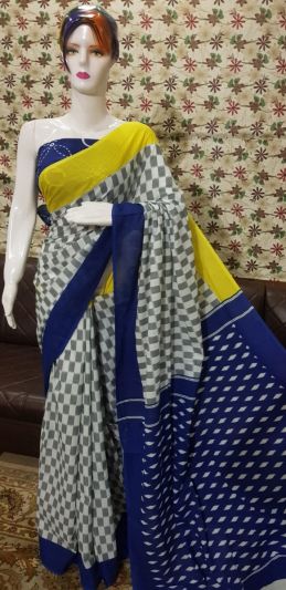 NEW PURE COTTON MULMUL HAND BLOCK PRINTED SAREE WITH BLOUSE-Grey & Blue Yellow Pallu Printed