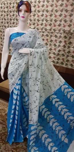 NEW PURE COTTON MULMUL HAND BLOCK PRINTED SAREE WITH BLOUSE-White & Light Blue Pallu Printe