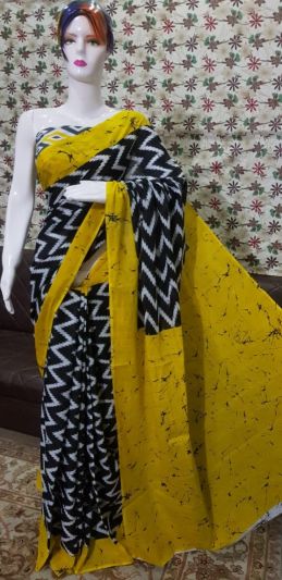 NEW PURE COTTON MULMUL HAND BLOCK PRINTED SAREE WITH BLOUSE-Black & Dark Yellow Print