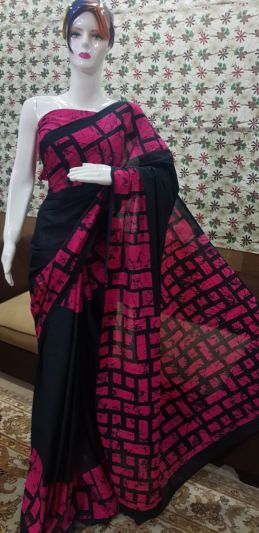 NEW PURE COTTON MULMUL HAND BLOCK PRINTED SAREE WITH BLOUSE_Black & Pink Printe