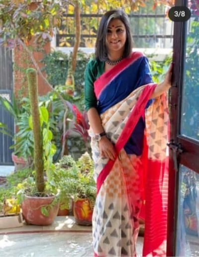 NEW PURE COTTON MULMUL HAND BLOCK PRINTED SAREE WITH BLOUSE-Blue & White Printed Multi Color