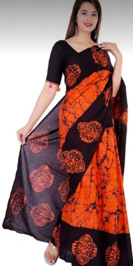 NEW PURE COTTON MULMUL HAND BLOCK PRINTED SAREE WITH BLOUSE-Black & Orange Jaipuri Print