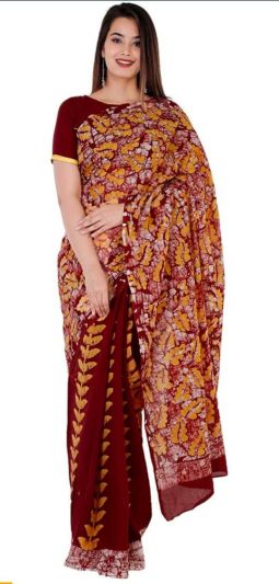 NEW PURE COTTON MULMUL HAND BLOCK PRINTED SAREE WITH BLOUSE-Marron Flower Print