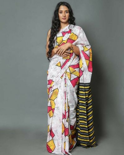 NEW SUMMER HAND BLOCK PRINTED COTTON MULMUL SAREE WITH UNSTITCHED BLOUSE-Multi Printed