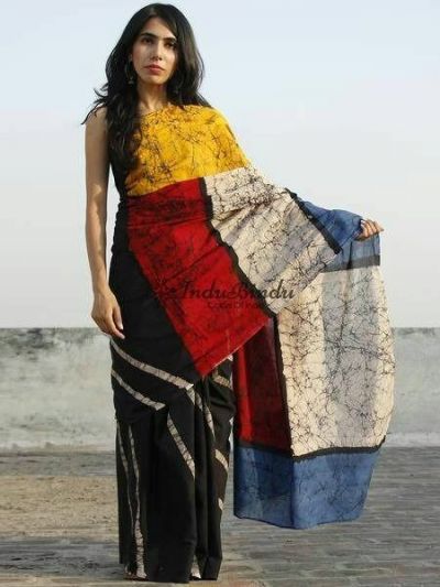 NEW SUMMER HAND BLOCK PRINTED COTTON MULMUL SAREE WITH UNSTITCHED BLOUSE-Multi Color