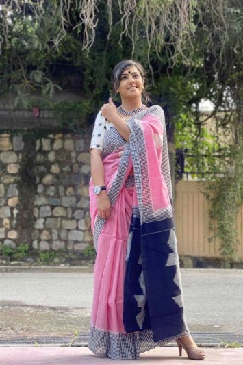 NEW SUMMER HAND BLOCK PRINTED COTTON MULMUL SAREE WITH UNSTITCHED BLOUSE-Pink & Blue Pallu
