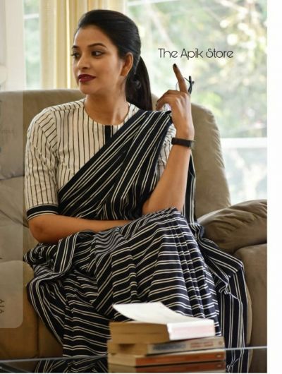 NEW SUMMER HAND BLOCK PRINTED COTTON MULMUL SAREE WITH UNSTITCHED BLOUSE-Black & White Lining Printed