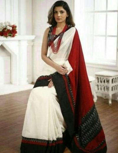 NEW SUMMER HAND BLOCK PRINTED COTTON MULMUL SAREE WITH UNSTITCHED BLOUSE-White Red Pallu