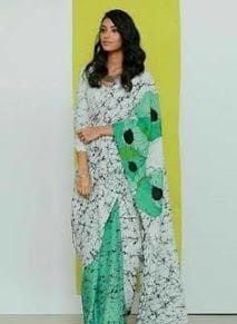 NEW SUMMER HAND BLOCK PRINTED COTTON MULMUL SAREE WITH UNSTITCHED BLOUSE-White & Light Green Printed