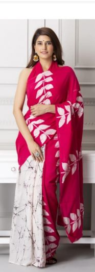 NEW SUMMER HAND BLOCK PRINTED COTTON MULMUL SAREE WITH UNSTITCHED BLOUSE-Pink & White Flower Printed