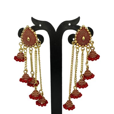Red Dome-Shaped Dropes Earring Pearl Drops & Danglers Jhumki Earrings