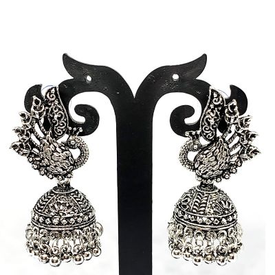 Silver Oxidized Peacock Jhumki Earring Zinc Drops