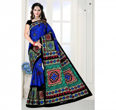 Minu Indian Batik Collection Blue Printed Saree