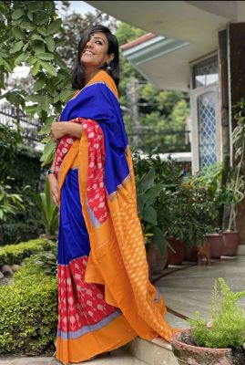 Adorable Fancy Festival Mulmul Saree Blue_Orange