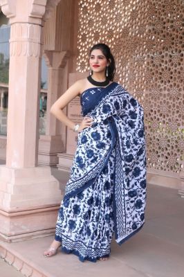 Adorable Fancy Festival Mulmul Saree Blue&White Printed