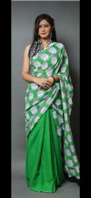 Adorable Fancy Festival Mulmul Saree Green white Print