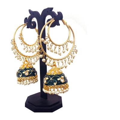 Green Enamel Painted with Pearls Gold Plated Jhumka Earrings Alloy Jhumki Earring