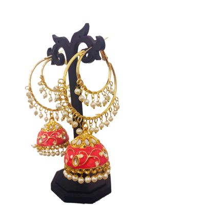Dark Pink Enamel Painted with Pearls Gold Plated Jhumka Earrings Alloy Jhumki Earring
