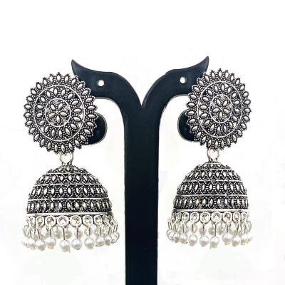 Silver Metal Oxidised Silver Jhumka Earrings for Women & Girls
