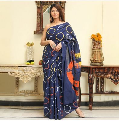 NEW PURE COTTON MULMUL HAND BLOCK PRINTED SAREE WITH BLOUSE Dark Blue