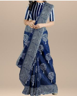 NEW PURE COTTON MULMUL HAND BLOCK PRINTED SAREE WITH BLOUSE Dark Blue White Printed