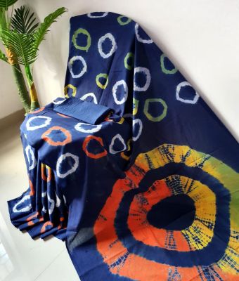 NEW PURE COTTON MULMUL HAND BLOCK PRINTED SAREE WITH BLOUSE Dark Blue Multi Color Printed