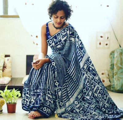 NEW PURE COTTON MULMUL HAND BLOCK PRINTED SAREE WITH BLOUSE Blue White Printed