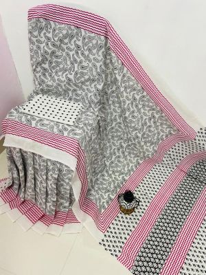 NEW PURE COTTON MULMUL HAND BLOCK PRINTED SAREE WITH BLOUSE- White Multi Color Printed