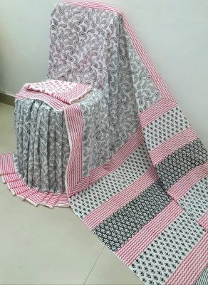 NEW PURE COTTON MULMUL HAND BLOCK PRINTED SAREE WITH BLOUSE-Grey-Pink Printed