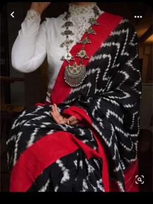 NEW PURE COTTON MULMUL HAND BLOCK PRINTED SAREE WITH BLOUSE- Black Red Pallu