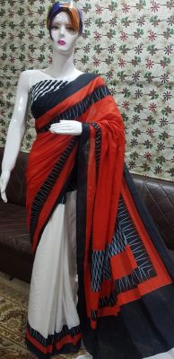 NEW PURE COTTON MULMUL HAND BLOCK PRINTED SAREE WITH BLOUSE-Red & White