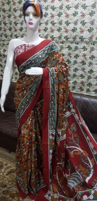 NEW PURE COTTON MULMUL HAND BLOCK PRINTED SAREE WITH BLOUSE-Brown Multi Printed 