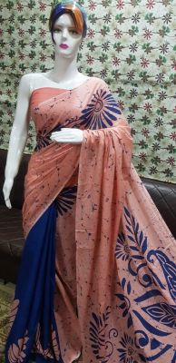 NEW PURE COTTON MULMUL HAND BLOCK PRINTED SAREE WITH BLOUSE- Blue Printed