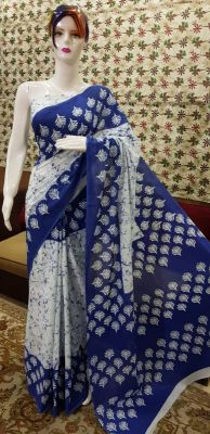 NEW PURE COTTON MULMUL HAND BLOCK PRINTED SAREE WITH BLOUSE-Blue & White Printed