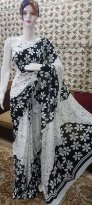 NEW PURE COTTON MULMUL HAND BLOCK PRINTED SAREE WITH BLOUSE-White Black Flower Printed
