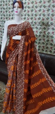 NEW PURE COTTON MULMUL HAND BLOCK PRINTED SAREE WITH BLOUSE- Brown