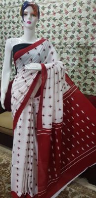 NEW PURE COTTON MULMUL HAND BLOCK PRINTED SAREE WITH BLOUSE-White & Red Pallu Printed