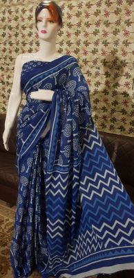 NEW PURE COTTON MULMUL HAND BLOCK PRINTED SAREE WITH BLOUSE-Blue & White Printed