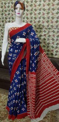 NEW PURE COTTON MULMUL HAND BLOCK PRINTED SAREE WITH BLOUSE-Blue & Red Pallu
