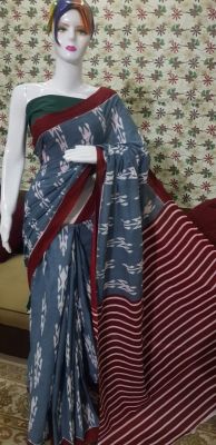 NEW PURE COTTON MULMUL HAND BLOCK PRINTED SAREE WITH BLOUSE-Dark Grey & Maroon