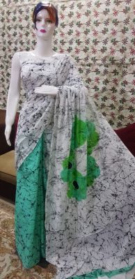 NEW PURE COTTON MULMUL HAND BLOCK PRINTED SAREE WITH BLOUSE-White & Light Green Printed