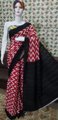 NEW PURE COTTON MULMUL HAND BLOCK PRINTED SAREE WITH BLOUSE-Red & Black Pallu Printed