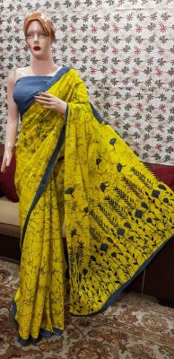 NEW PURE COTTON MULMUL HAND BLOCK PRINTED SAREE WITH BLOUSE-Yellow& Greay Printed
