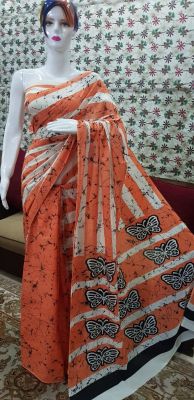 NEW PURE COTTON MULMUL HAND BLOCK PRINTED SAREE WITH BLOUSE-Multi Color