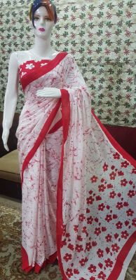 NEW PURE COTTON MULMUL HAND BLOCK PRINTED SAREE WITH BLOUSE-White & Red Flower Design