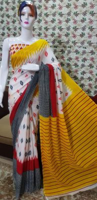 NEW PURE COTTON MULMUL HAND BLOCK PRINTED SAREE WITH BLOUSE-White Multi Color Printe