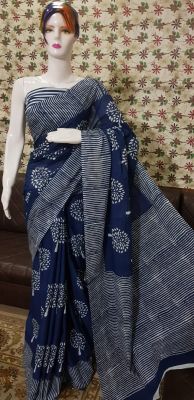 NEW PURE COTTON MULMUL HAND BLOCK PRINTED SAREE WITH BLOUSE-Blue & White Print