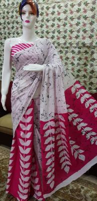 NEW PURE COTTON MULMUL HAND BLOCK PRINTED SAREE WITH BLOUSE-White & Red Pallu Flower Print