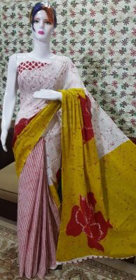 NEW PURE COTTON MULMUL HAND BLOCK PRINTED SAREE WITH BLOUSE-White & Red Flower Print