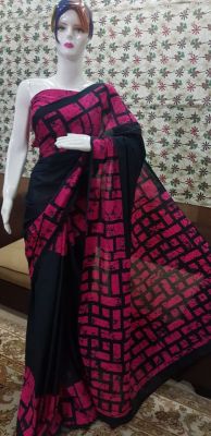 NEW PURE COTTON MULMUL HAND BLOCK PRINTED SAREE WITH BLOUSE_Black & Pink Printe